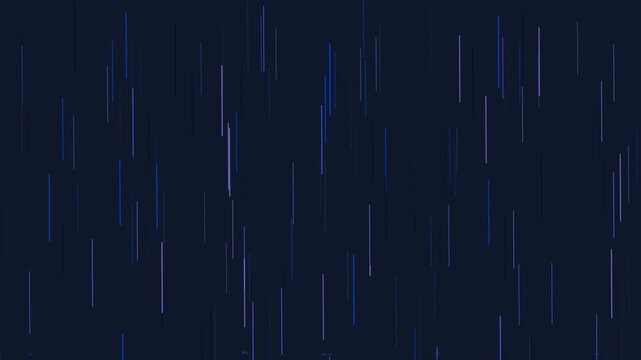 Seamless loop of abstract blue and white vertical lines falling like digital rain on a dark navy background. Perfect for technology data or atmospheric weather overlays.
