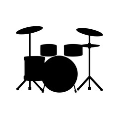 Silhouette of a drum kit with cymbal stands against white backdrop
