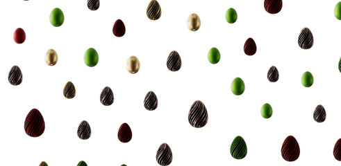 Stylish arrangement of various Easter eggs with diverse textures and colors against a clean white backdrop, ideal for sp