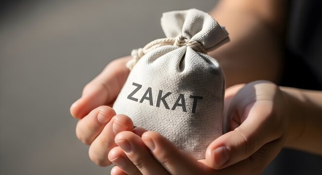 Hands Holding Small Sack with Zakat Text for Islamic Charity and Alms Giving