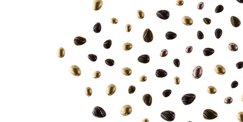 Elegant abstract composition of golden, bronze and black egg-shaped elements against a clean white...