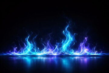 Vibrant blue and purple flame on dark background with reflection