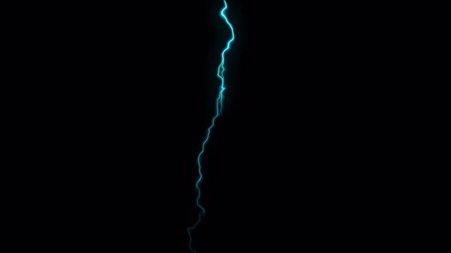 Realistic blue lightning bolt striking on alpha channels  background. Dramatic electric thunder effect animation