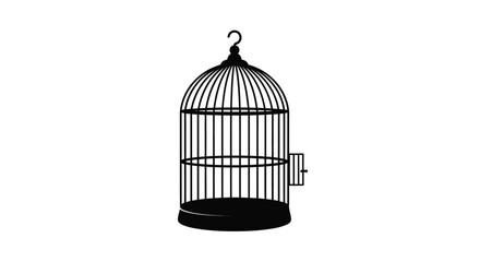 A black birdcage stands isolated on a white background silhouette © md