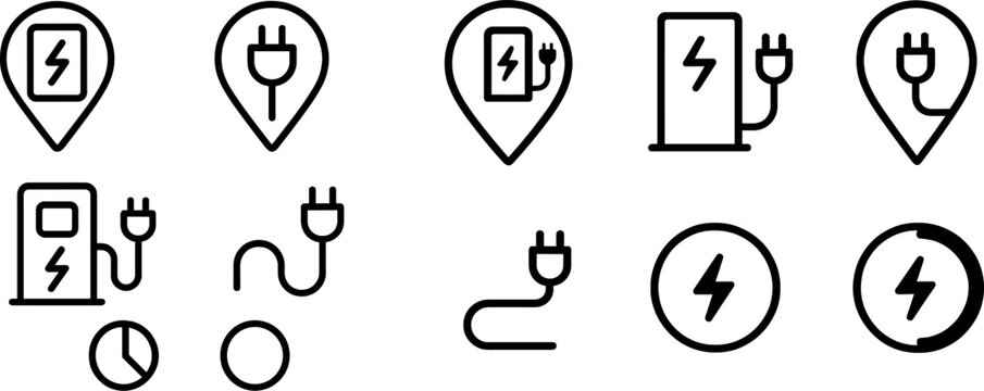 Symbols depict electric vehicle charging stations with location markers, along with power plugs and a clock, amplifying accessibility for EV users.