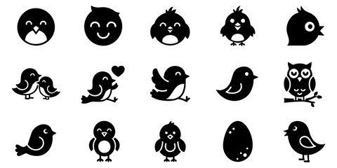 Fototapeta premium Bird icons set: 15 black silhouettes with flying, perched, owl, egg, cartoon faces, simple decorative style.