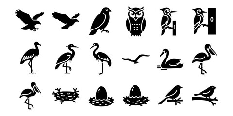 Obraz premium Bird silhouette icons: 18 black vector designs with hawks, owl, woodpeckers, cranes, swan, pelican, nests, songbirds.