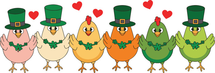 Naklejka premium Cute cartoon chickens wearing green hats and shamrocks celebrating love