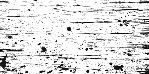Obraz premium Black and White Grunge Wood Planks Texture Vector Overlay Distressed Vintage Background with Ink Splatters