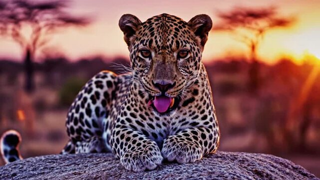 Leopard resting on a rock during sunset in an African savanna landscape near tall trees