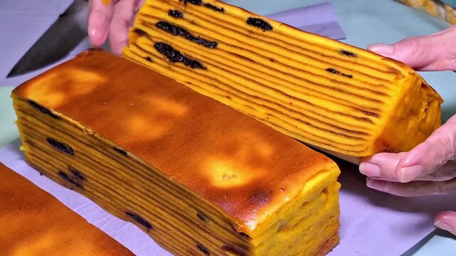 A detailed view of prune Lapis Legit, showcasing its rich, buttery layers.