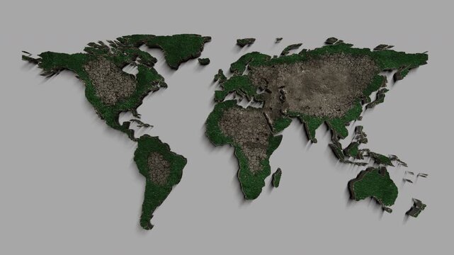 Nature reclaiming earth, 3D stone world map overlay animation with cracking surface and growing forest from coasts to inner land, green transformation, rewilding, transparent BG with alpha channel