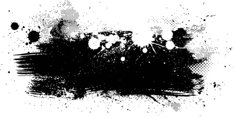 Fototapeta premium Grunge brush stroke banner background with ink splatter and halftone texture in black and white