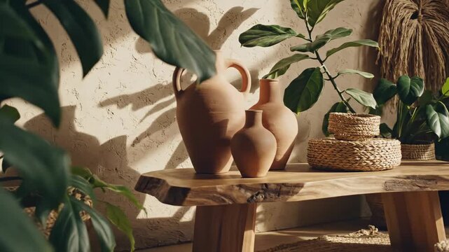 Warm terracotta vases and woven baskets displayed on a rustic wooden table with plants