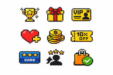 Naklejka premium Pixel art icons: trophies, gifts, tickets, hearts, coins, cards, ratings