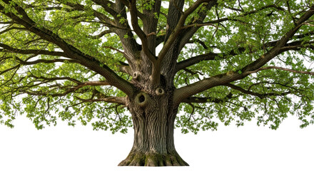 Obraz premium Nature: Photo-realistic Isolated Ancient Oak Tree with Whimsical Face-like Trunk Green Leaves