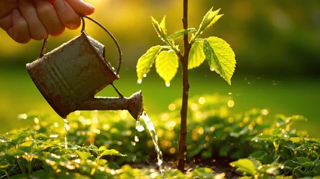 Hand watering a young green plant with a metal watering can in a sunny garden.