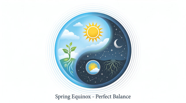 Spring equinox yin yang symbol with sun moon plant and roots in perfect harmony and balance