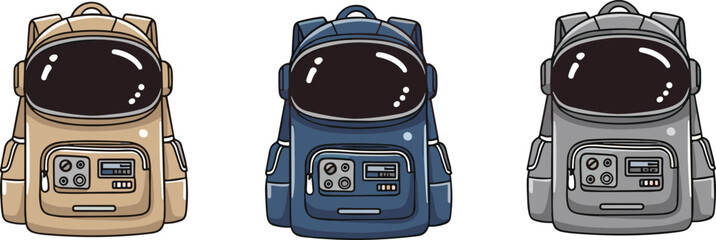 Astronaut backpack illustration set, futuristic space school bags collection, cartoon galaxy travel rucksack design, sci fi themed vector accessories bundle © LatifunNahar