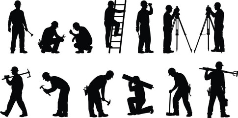 Construction Equipment Infrastructure Silhouette Set, Tower Crane Excavator Truck Vector, Bridge Architecture Collection, Industrial Civil Engineering Building Site Illustration Pack © Mou