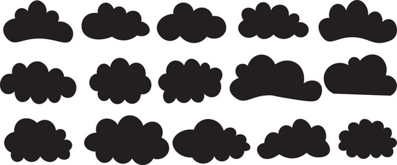 Black cloud shapes flat design vector illustration set, abstract cartoon cloud collection