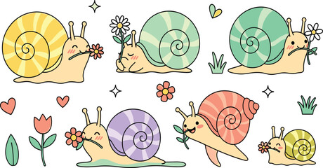 Cute Snail Cartoon Character Set with Colorful Shells Flowers and Garden Elements Flat Vector Illustration. © MstSuborna