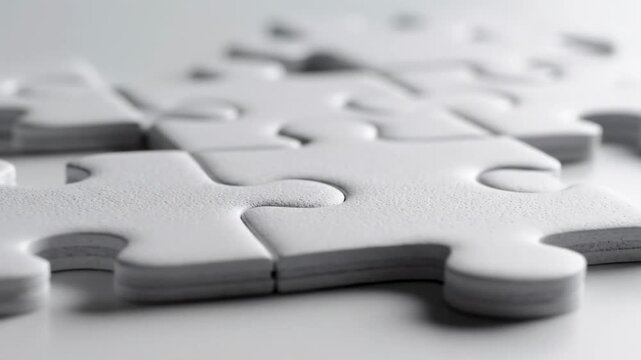 Close-up of interlocking white puzzle pieces on a clean, bright surface