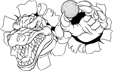 A crocodile, dinosaur or alligator lizard sports mascot holding a golf ball © Christos Georghiou