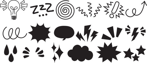 Black doodle icons set, comic elements collection with lightning, stars, speech bubble and symbols © Satou Akira