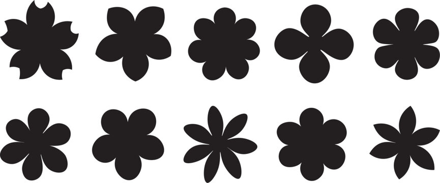 Black flower silhouette vector collection, simple flat blossom shapes with rounded and pointed petals, minimal floral clipart set
