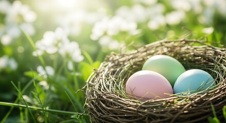 Obraz premium Easter sunday christian celebration pastel eggs in nest symbolizing resurrection and new life
