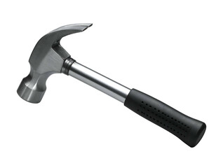 Gleaming steel claw hammer with black grip on black background