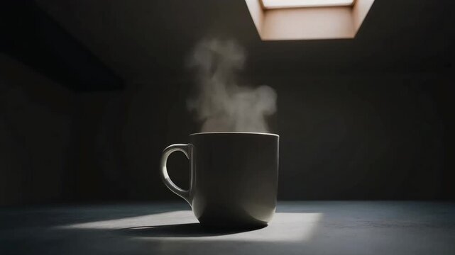 A steaming mug sits in a serene skylight room illuminated by a natural beam of light.