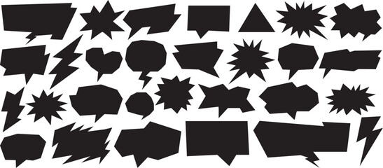 Black silhouette comic speech bubbles and explosion shapes collection vector illustration