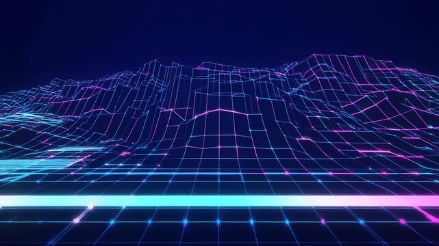 Retro 80s Cyber Landscape with Neon Purple and Blue Grid Mountains, 4K video