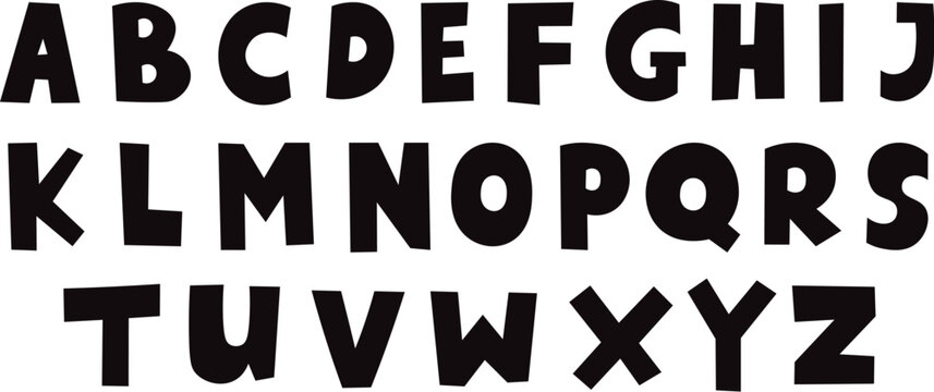 Bold black cartoon alphabet letters vector set, hand drawn uppercase font collection, playful comic style ABC typography design
