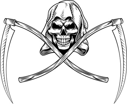 Grim reaper skull with crossed scythes vintage death symbol. Illustration drawing in detailed woodcut engraving style. Hooded skeleton isolated on white background. Gothic reaper emblem or design