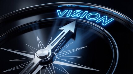 Compass with glowing blue neon 'vision' text and silver arrow pointing upwards in dark background with dramatic lighting and metallic details
