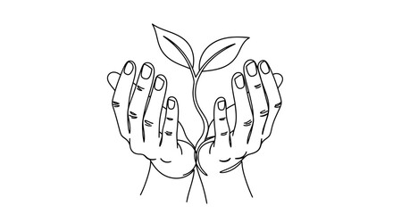 Minimalist Art of Caring Hands Gently Holding a Sprouting Plant Seedling Symbolizing Growth