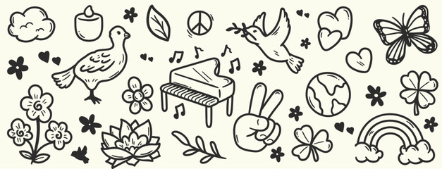 Hand drawn peace and love doodle set with dove, piano, flowers, butterfly, rainbow, hearts, and nature elements. Black and white sketch illustration for stickers, posters, social media, and positive l © Rahidul