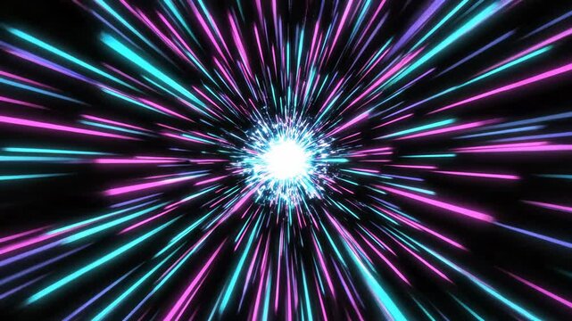 Abstract neon light streaks in a dark tunnel, creating a sense of fast motion and futuristic travel