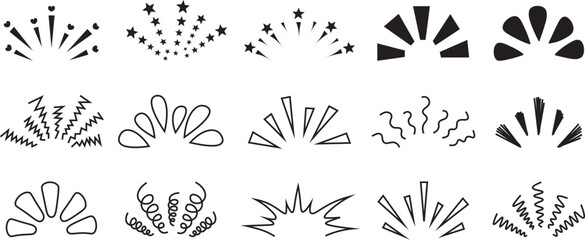Hand drawn burst elements set in black outline, doodle explosion and decorative accent collection