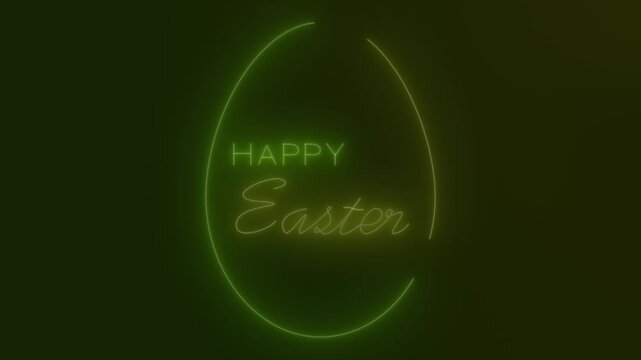 Video animation of an Easter greeting card with handwritten Easter wishes Happy Easter in neon green and neon yellow and an Easter egg on a dark background - abstract background - seamless loop - vaca