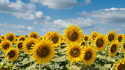 Fototapeta premium Beautiful Field Of Sunflowers Under A Blue Sky With Fluffy Clouds In Summer