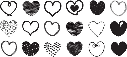 Fototapeta premium Hand drawn heart shapes set in black outline and solid styles