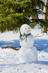 a snowman in the park on a sunny winter day