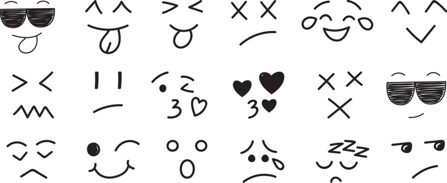 Hand drawn emoji expression black outline set vector collection, doodle style facial elements with eyes mouth hearts and tears
