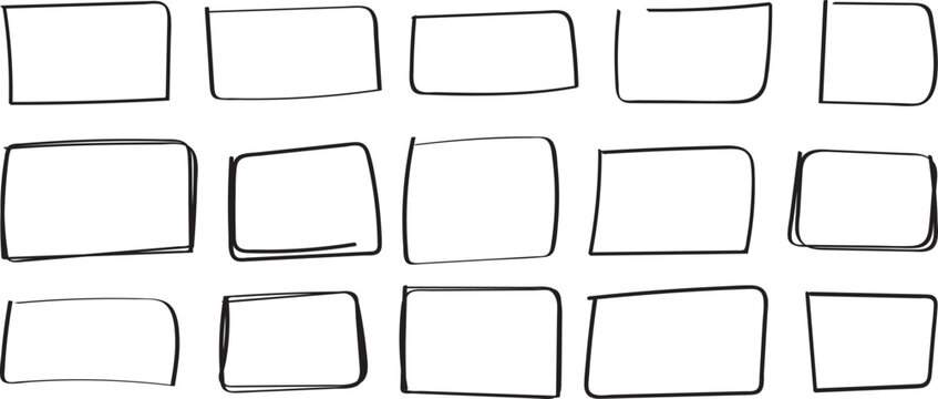 Hand drawn rectangle frames vector set, black doodle square borders collection, sketch style label boxes, irregular rounded corner frames