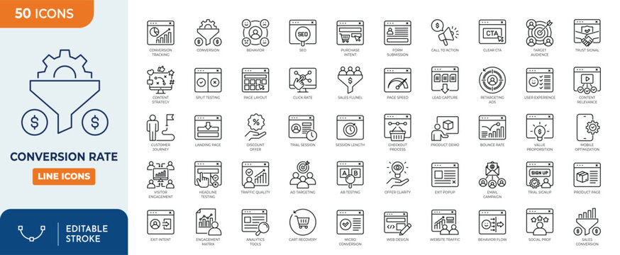 Conversion rate icon set. Containing target audience, customer behavior, analytics tools, split testing, traffic quality, user experience, bounce rate, and more. Editable stroke. Vector illustration