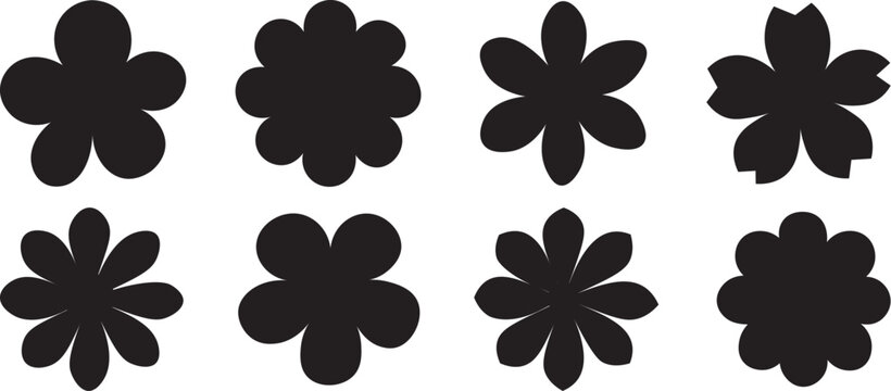 Simple black flower silhouettes collection vector, flat floral shape icon set